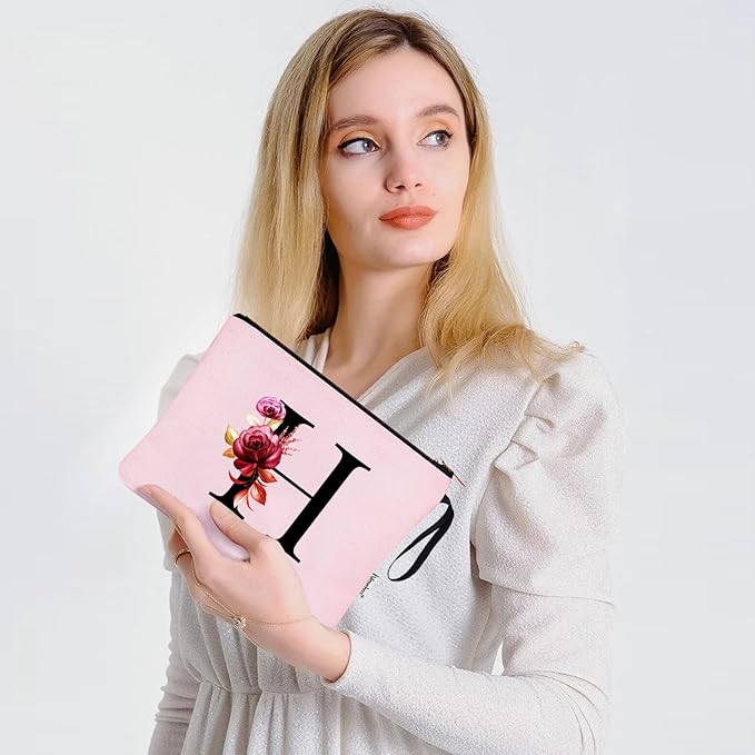 Vavabox A-Z Personalized Makeup Bag, Birthday Gifts for Women Mom, Gifts for Best Friend, Bride Bridesmaid Cosmetic bag (H, 06-Pink)