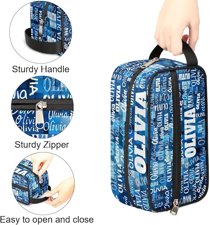 KFNHN Custom Name Makeup Bag Travel Toiletry Bag, Blue Geometric Pattern