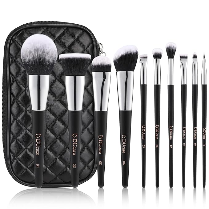 DUcare Travel Makeup Brushes with Bag 10Pcs Makeup Brush set Premium Synthetic Kabuki Foundation Blending Brush Face Powder Blush Concealers Eye Shadows