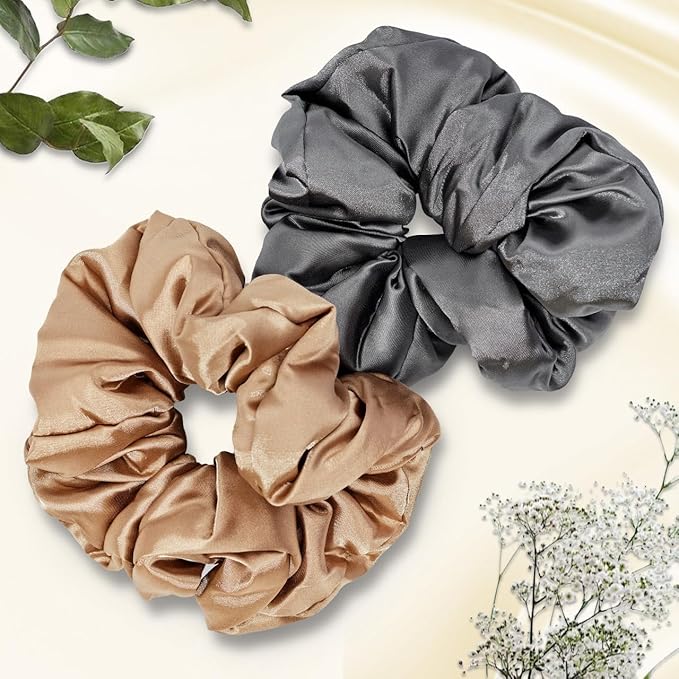 Kitsch Pillow Satin Scrunchies for Women - Charcoal & Gold, 2pcs