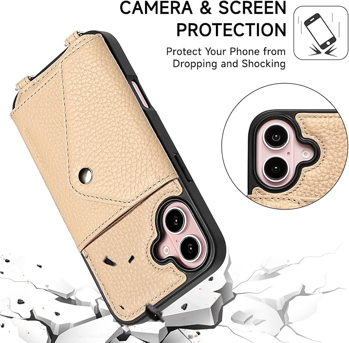 LUCKYCOIN Crossbody Phone Case for iPhone 16,100% Genuine Leather Phone Wallet Case for Women, Fashion Premium Hands-Free Phone Purse with Expandable Flip Card Holder & Adjustable Strap - Pebble Beige