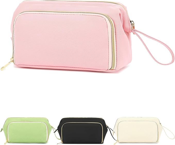 Fammart Travel Makeup Bag, Wide-open Cosmetic Bag Make Up Organizer Case with Brushes Pocket for Women, Large Family Toiletry Bag Skincare Pouch for Toiletries Accessories