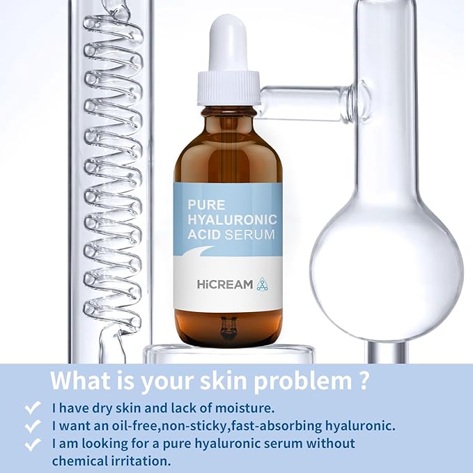 Hicream Hyaluronic Acid Serum for Face, Brightening Serum - Even Skin Tone&100% Pure Anti Aging, Intense Hydrating Moisturizer, Non-Greasy, Paraben-Free, Water-Based Skincare for All Skin Types (2 Oz)