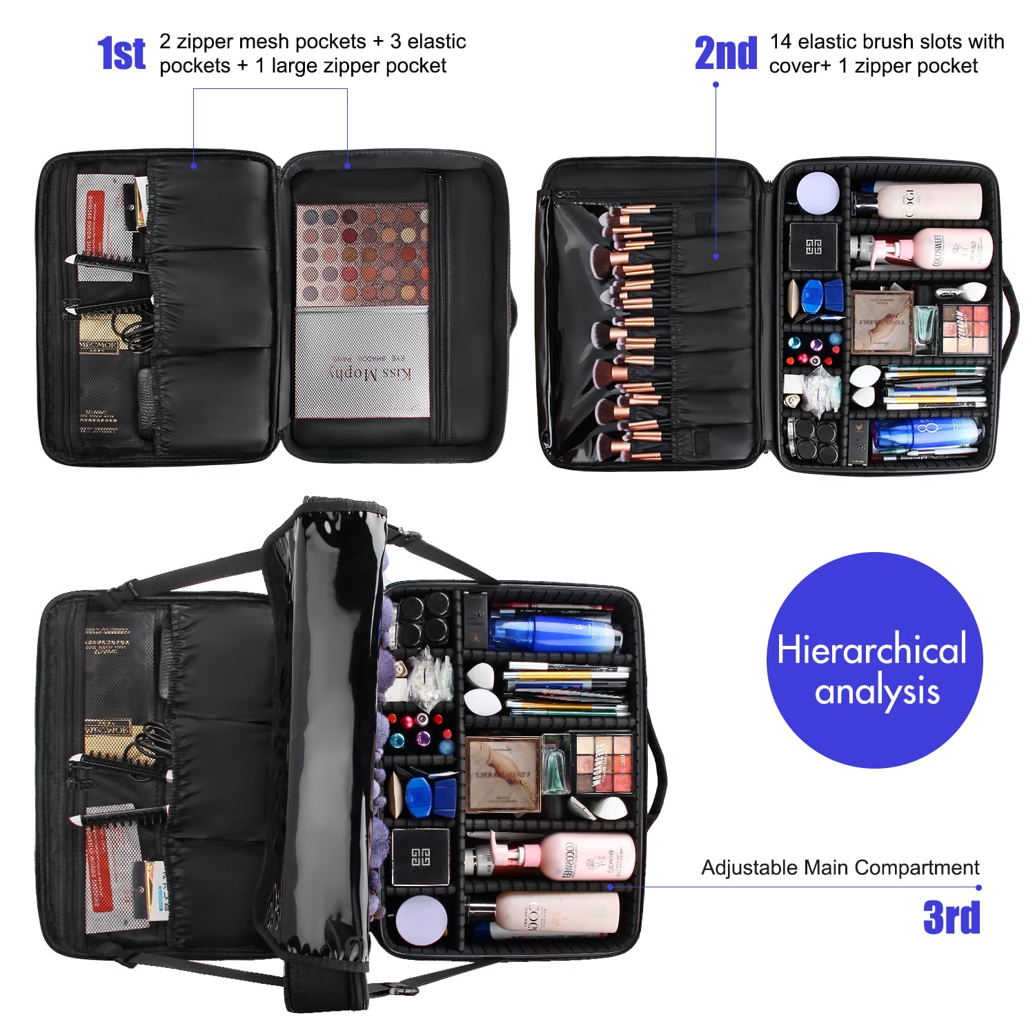 Relavel Extra Large Makeup Case, Professional Makeup Artist Bag Double Layer Compartment Cosmetic Travel Organizer Bag Makeup Brush Storage Holder with Adjustable Dividers and Shoulder Strap, Black