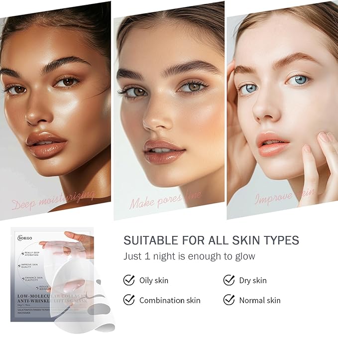 Sokgo Low Molecular Weight Collagen Overnight Hydrogel Mask, Enhances Skin Elasticity, Reduces Pores, Transforms from White to Transparent Upon Absorption Skin Care Treatment