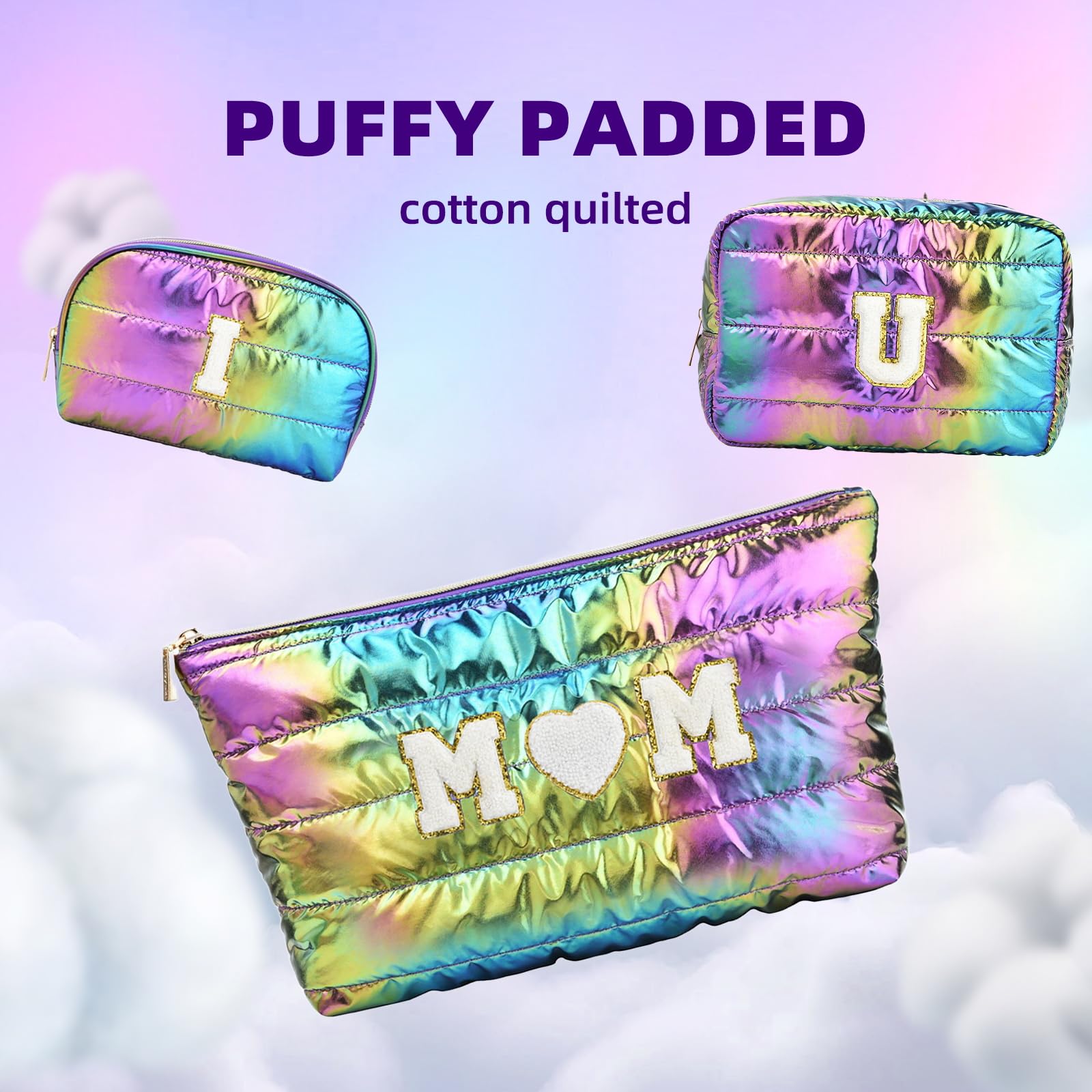 Hiroyuki 3pcs Iridescent Quilted Makeup Bag (ILOVEUMOM, rainbow)