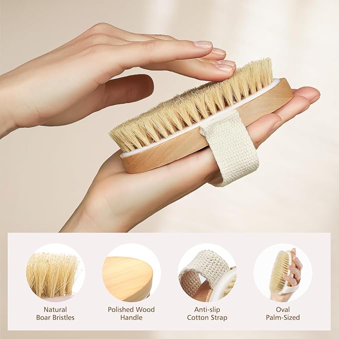 POPCHOSE Dry Brushing Body Brush, 2 Pack Boar Bristle Exfoliating Brush