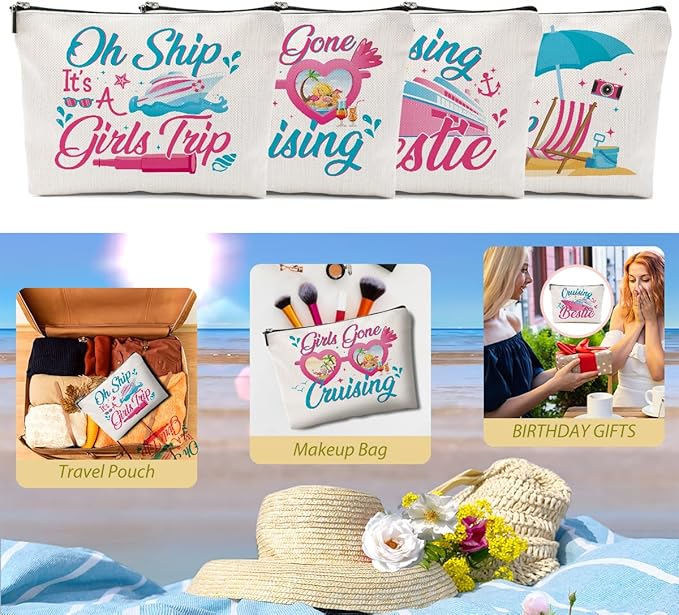 4 PCS Vacation Cosmetic Bag Girls Trip Gifts Favors, Cruise Ship Makeup Bag