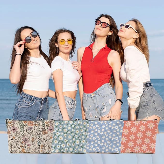 DHKG 4pcs Vintage Floral Makeup Bag, Daisy Flower Cosmetic Bag Garden Gifts