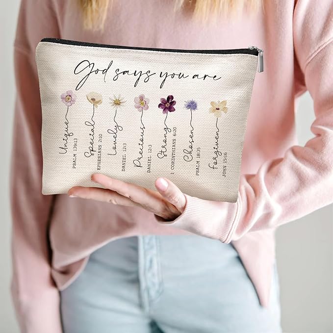 God Says You Are Cosmetic Bag, Inspirational Bible Verse Makeup Bag for Women, Floral Bible Verse Makeup Case, Sister, Friend Gifts, Affirmations Gifts, Christian Gifts, Birthday Gifts for Women