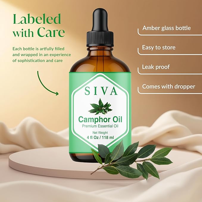Siva Camphor Essential Oil 4 Fl Oz – for Diffuser, Skin & Hair Care – Ideal for Massage & DIY Blends- with Dropper