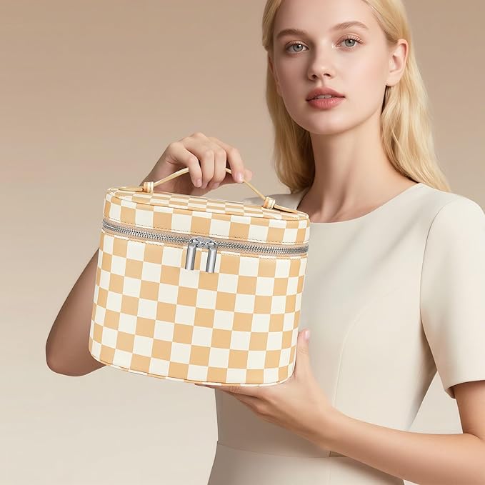 UUYUUY Makeup Bag Vanity Case, Beige and White