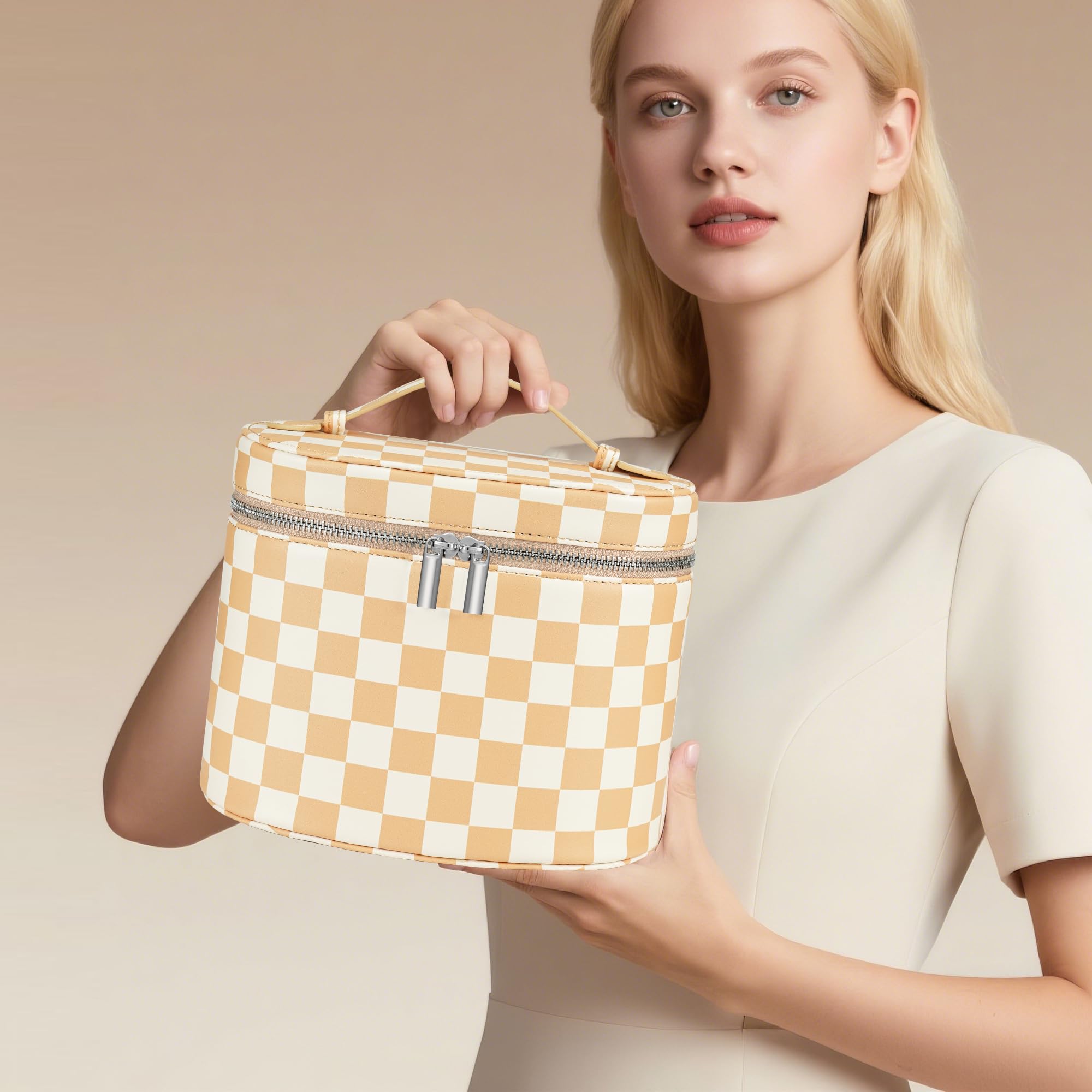 UUYUUY Makeup Bag Vanity Case, Beige and White