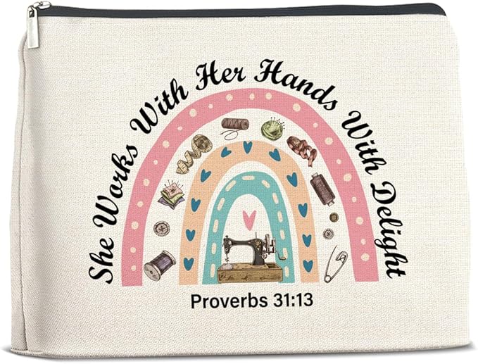 UPNEGE Sewing Lover Gifts Makeup Bag Gift for Quilter, Christian She Works with Her Hands in Delight Cosmetic Bag Zipper Makeup Pouch