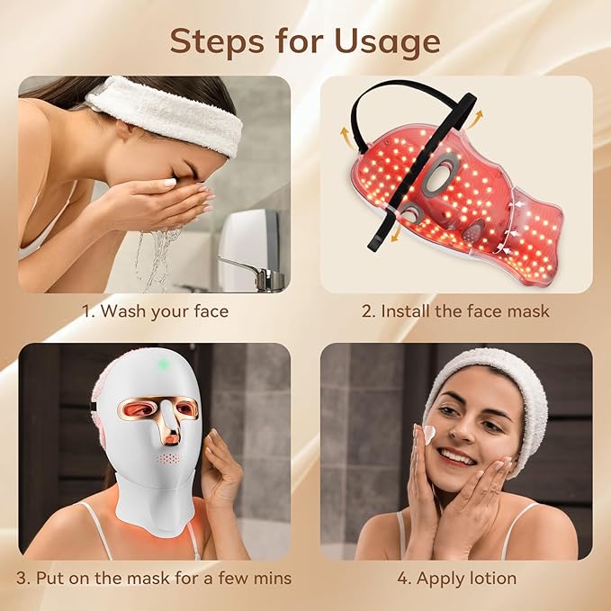 Red Light Therapy Mask for Wrinkles & Mild to Moderate Inflammatory Acne, Cordless Rechargeable Multi-Wavelength LED Facial Skincare Device for Home & Outdoor Use