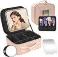 Yaliang Travel Makeup Bag, Portable Makeup Case with LED Mirror, Removable Mirror with 3 Color Modes, 8 Adjustable EVA Dividers for Brushes Toiletry Jewelry Digital Accessories, Hot Pink