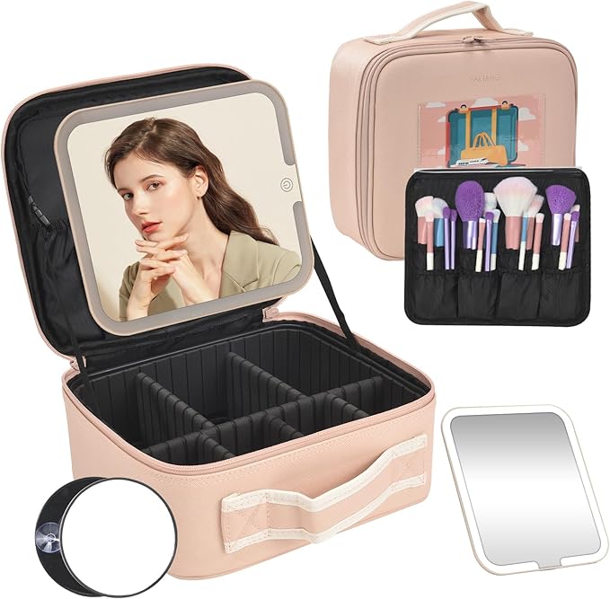 Yaliang Travel Makeup Bag, Portable Makeup Case with LED Mirror, Removable Mirror with 3 Color Modes, 8 Adjustable EVA Dividers for Brushes Toiletry Jewelry Digital Accessories, Hot Pink