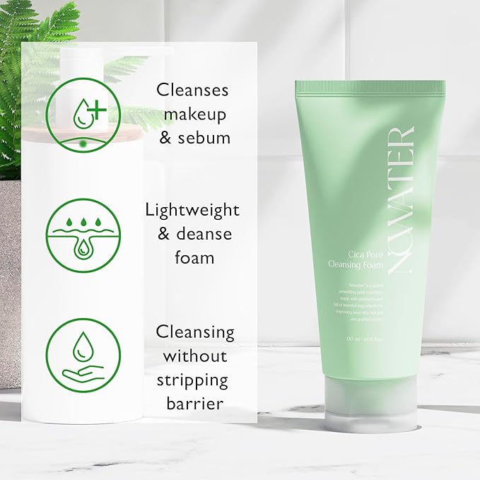 NOWATER Korean Foaming Face Wash with Centella (Cica) – Pore Cleansing Foam Cleanser for Oily & Acne-Prone Skin, Hyaluronic Acid, Aloe Vera & AHA BHA, Daily Gentle Sebum Control, (4.05 fl.oz)