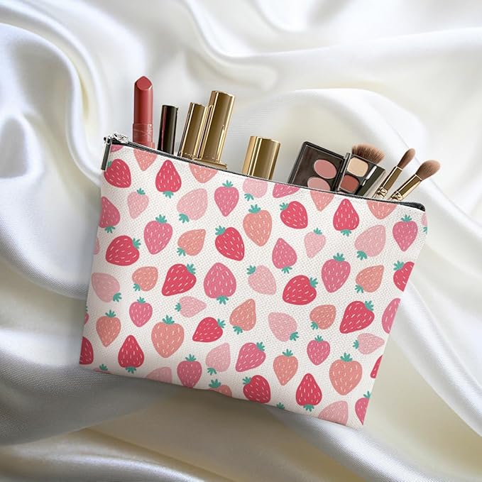 DHKG Cute Pink Strawberry Makeup Bag Retro Fruit Cosmetic Bag Friend Friendship Gifts for Women Girls Sister Bestie Coworker Travel Organizer Zipper Pouch Christmas Thanksgiving Birthday Gifts