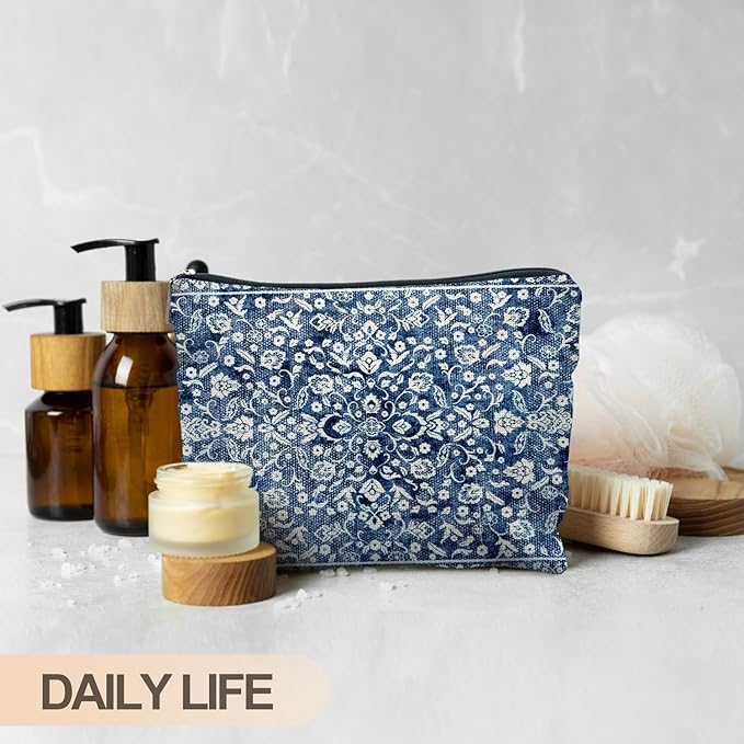 RYYCDOI Vintage Blue Chinoiserie Floral Makeup Bag, Blue and White Flower Cosmetic Bags for Women, Retro Grandmillennial Indigo Floral Zipper Makeup Pouch