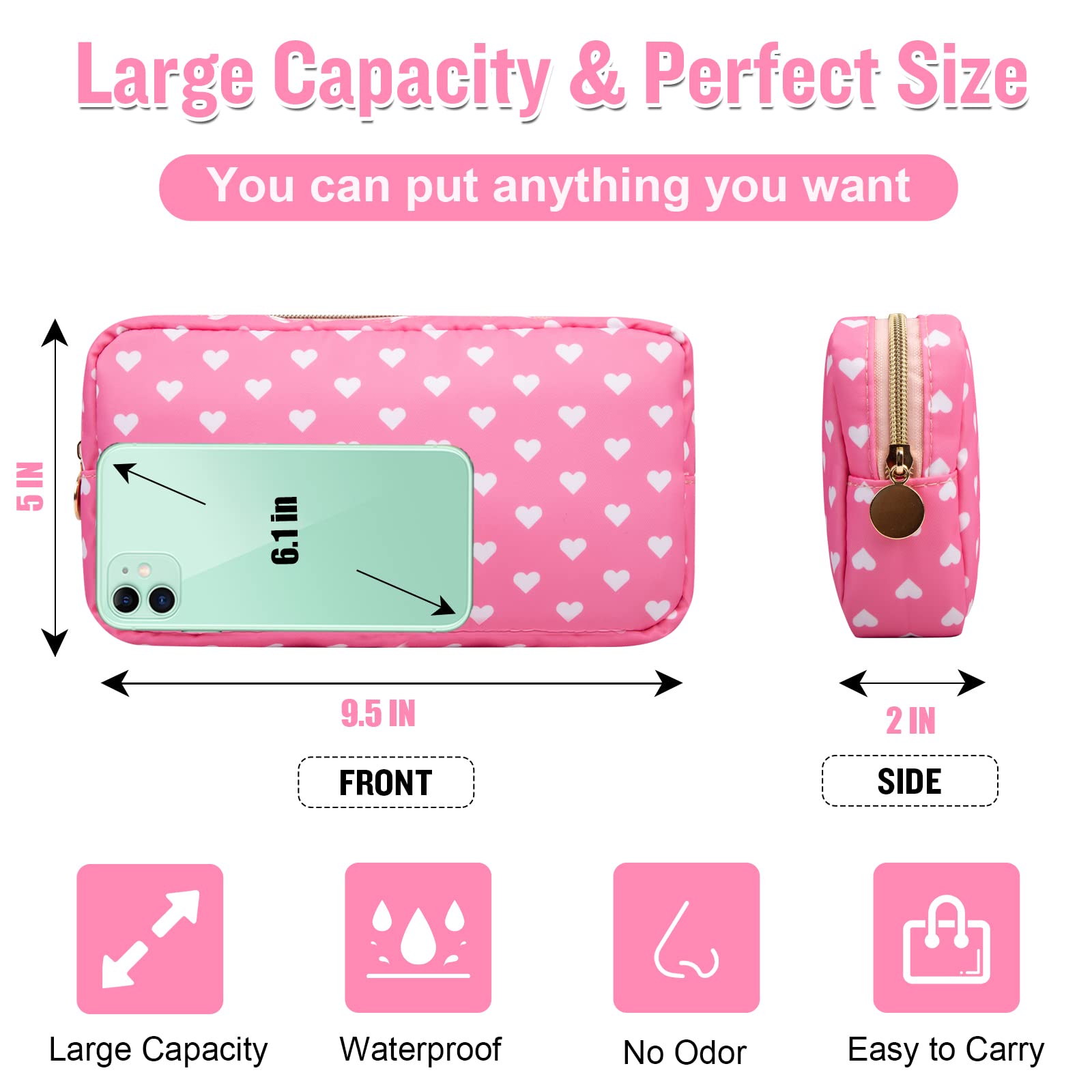 Nylon Small Makeup Bag for Purse, Cute Makeup Bag Preppy Cosmetic Zipper Pouch Purse, Waterproof Portable Travel Toiletry Bag Clutch Makeup Brush Bag Organizer Storage for Women Men Girls(Pink Heart)