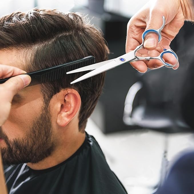 Regular Hair Cutting Shears Professional Barber Scissors Home Blue Detachable Finger Ring for Men Women Kid