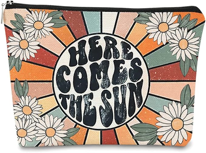 BARPERY Preppy Makeup Bags for Women,Trendy Retro Daisy Sunshine Makeup Bag Cute Floral Here Comes Summer Boho Inspirational Cosmetic Bag Gift for Teen Girls,Birthday Gifts for Women