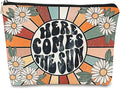 BARPERY Preppy Makeup Bags for Women,Trendy Retro Daisy Sunshine Makeup Bag Cute Floral Here Comes Summer Boho Inspirational Cosmetic Bag Gift for Teen Girls,Birthday Gifts for Women