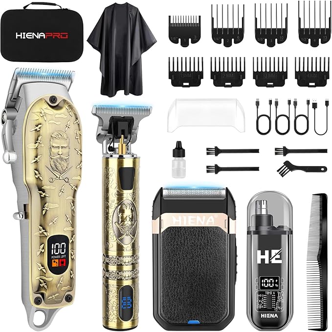HIENA PRO Hair Clippers for Men Professional, Cordless Barber Clipper and T-Blade Beard/Hair Trimmer Set, Electric Razor Foil Shaver Nose Trimmer Barber Kit, Men's Hair Cutting Kit