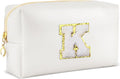 URSKYTOUS Gifts for Girls Initial Makeup Bag Personalized Cosmetic Bag with Zipper Cute Travel Toiletry Bags Waterproof PU Preppy Makeup Pouch Birthday Gift for Teen Girls Women(White K)