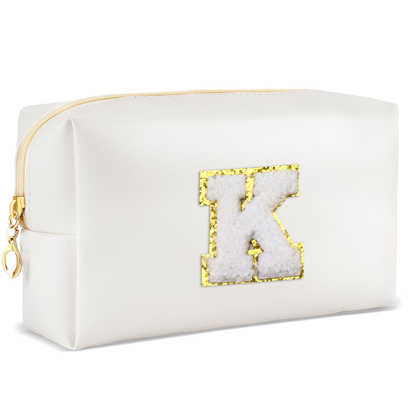 URSKYTOUS Gifts for Girls Initial Makeup Bag Personalized Cosmetic Bag with Zipper Cute Travel Toiletry Bags Waterproof PU Preppy Makeup Pouch Birthday Gift for Teen Girls Women(White K)