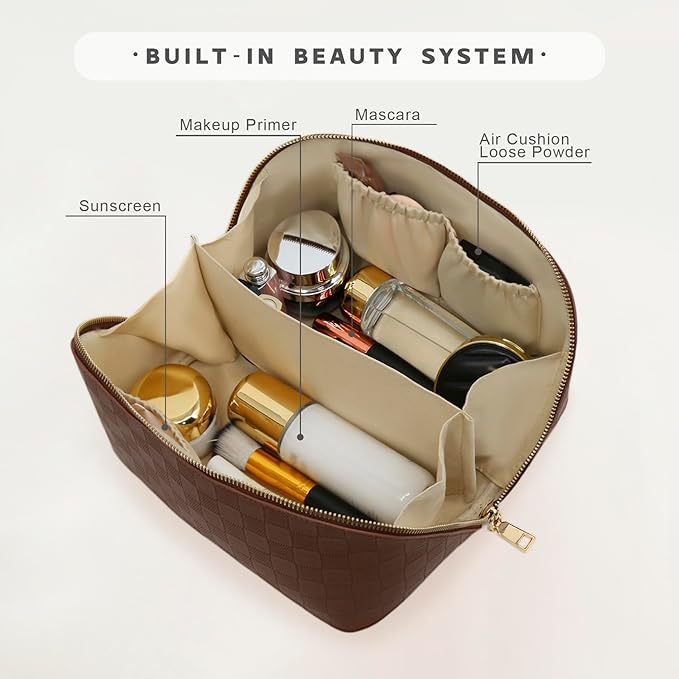 JINYIBAGS Travel Makeup Bag – Large Cosmetic Organizer with Waterproof PU Leather, Smooth Double Zipper & Tear-Resistant Lining, Toiletry Pouch for Women (Brown)
