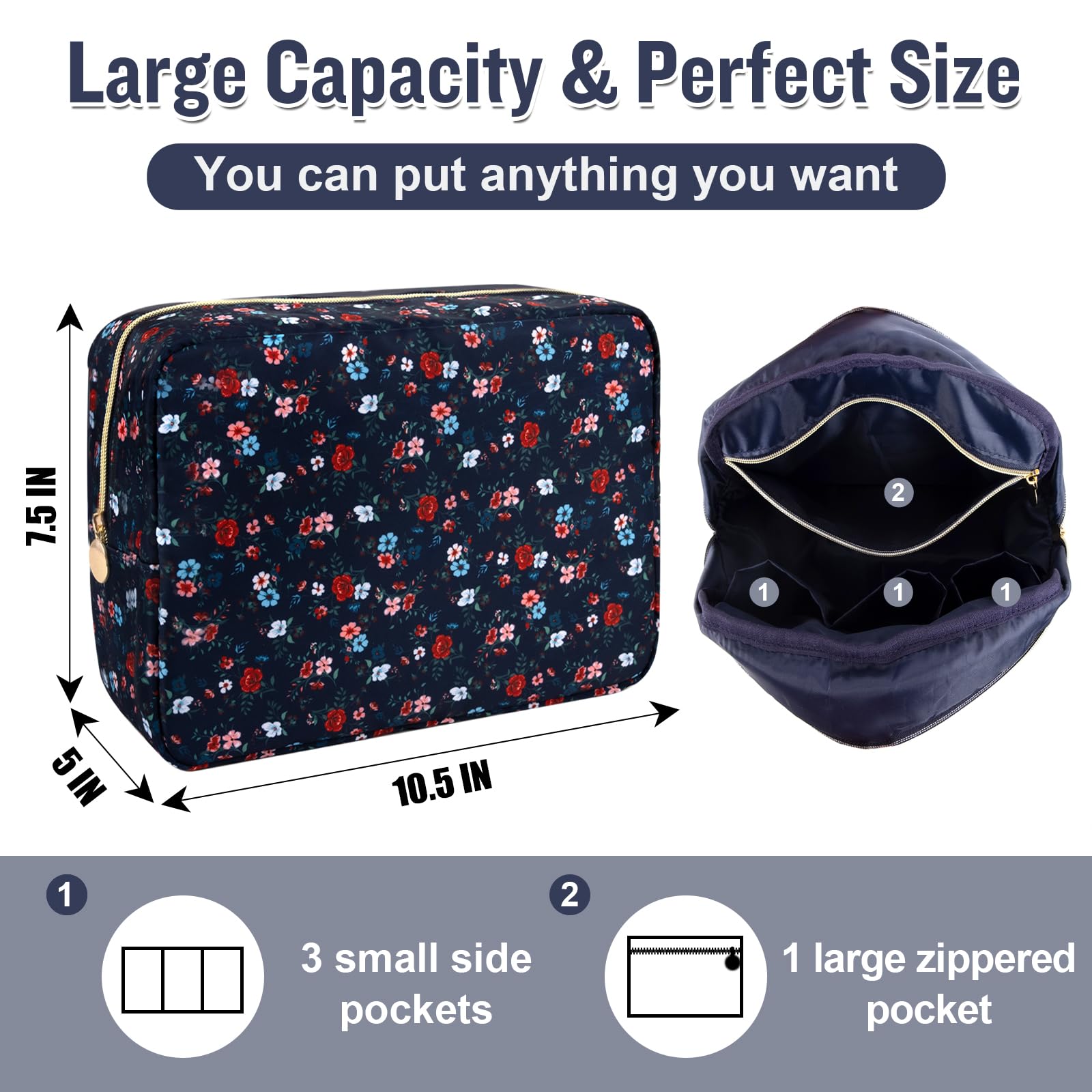 Nylon Large Floral Makeup Organizer Bag, Preppy Big Cute Flower Cosmetic Zipper Pouch Multi-compartment with Dividers, Waterproof Toiletry Makeup Brushes Travel Essentials for Women(Navy Blue-Flower)