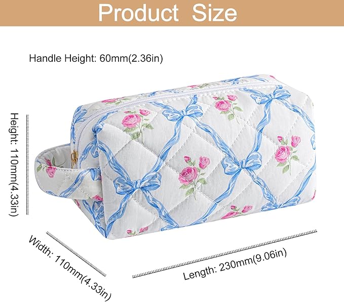 HHQQWZ Makeup Bag Travel Cosmetic Bag for Women, Zipper Make Up Pouch, Floral Flowers Toiletry Organizer Makeup with Handle, Cosmetic Travel Cloth Bag (Blue Bowknot)