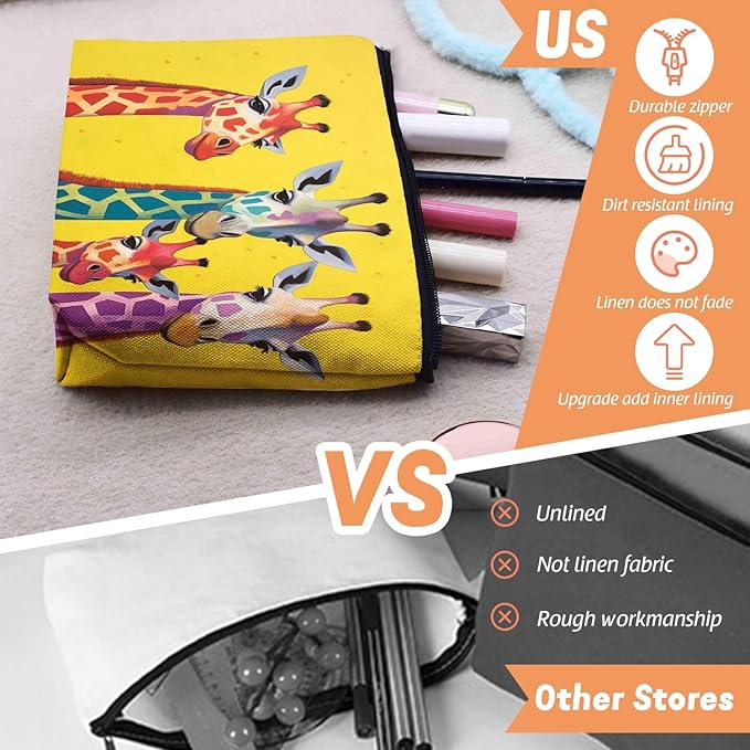 Scribesense Cosmetic Bags Travel Makeup Toilet Case Waterproof Pouch for Women Girls 6.7X9.45inches - Colorful Giraffes Against A Yellow Background