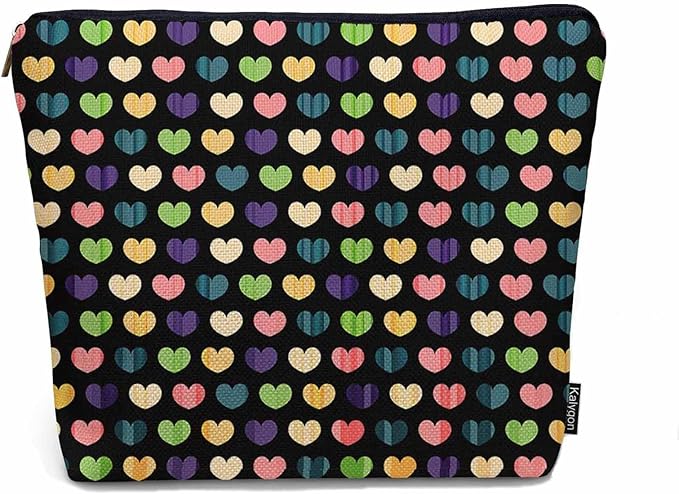 Kalygon Makeup Bag Heart Makeup Bags For Purse Pouch, Colorful Love Hearts Travel Toiletry Bag Cosmetic Bag Makeup Bags Flax Makeup Organizer Bag Pencil Pouch For Man Woman