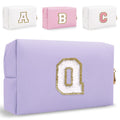 Small Personalized Letter Makeup Bag, Cute PU Leather Chenille Letters Cosmetic Bag Travel Makeup Pouch, Preppy Travel Organizer Zipper Pouch for Women&Girls（Purple-Q）