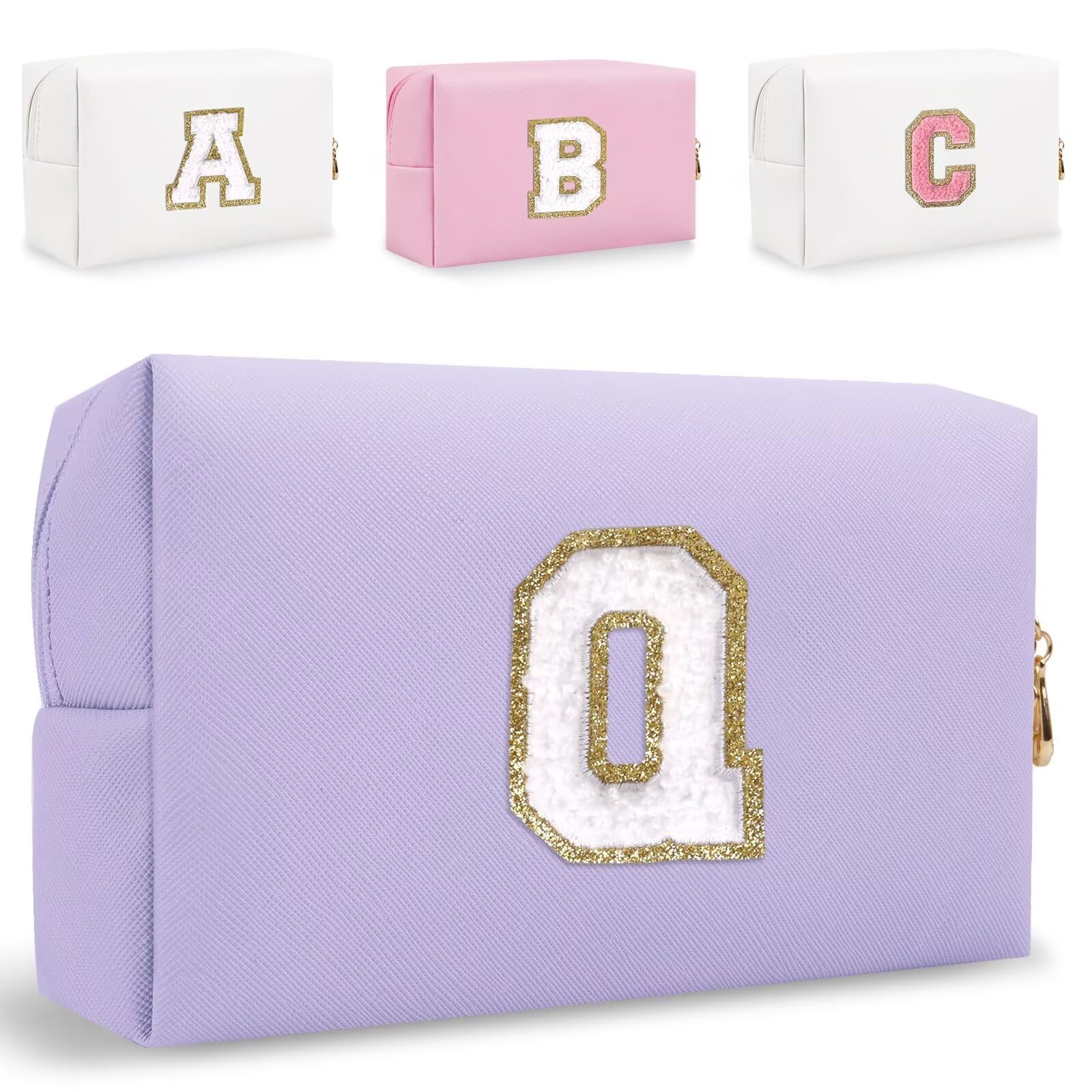 Small Personalized Letter Makeup Bag, Cute PU Leather Chenille Letters Cosmetic Bag Travel Makeup Pouch, Preppy Travel Organizer Zipper Pouch for Women&Girls（Purple-Q）