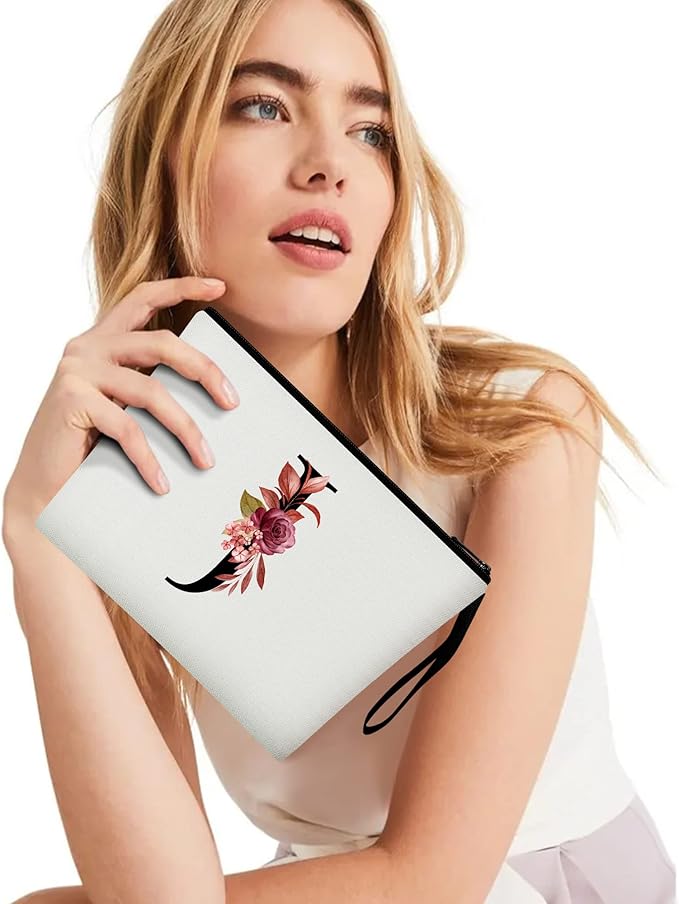 Vavabox A-Z Personalized Makeup Bag, Birthday Gifts for Women Mom, Gifts for Best Friend, Bride Bridesmaid Cosmetic bag (J, 01-White)