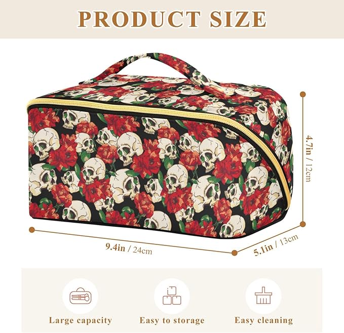 MNSRUU Makeup Organizer Bag, Skull and Flower Travel Makeup Bags Makeup Vanity Case Large Capacity Rhombus Cosmetic Toiletry Bag for Girl Women Ladies