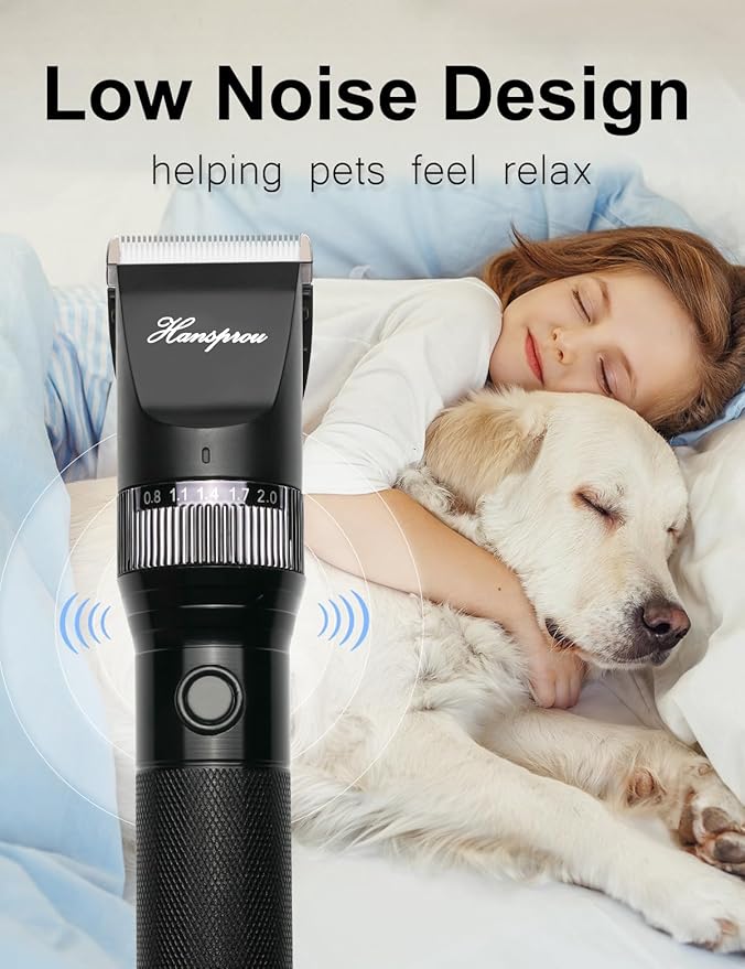 Hansprou Dog Clippers for Grooming, 12V Professional Dog Clippers，Heavy Dutt Corded Pet Hair Trimmer Pet Trimmer for Thick Hair with Guard Combs Brush