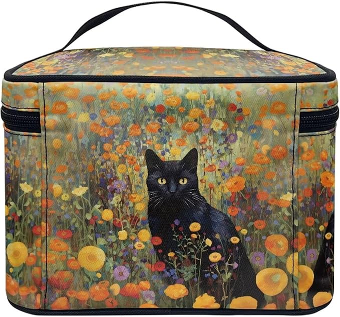 Drydeepin Black Cat Vibrant Floral Pattern Travel Makeup Bags for Women Portable Tote Cosmetic Case with Carry Handle Toiletry Accessories Storage Organizer Bags
