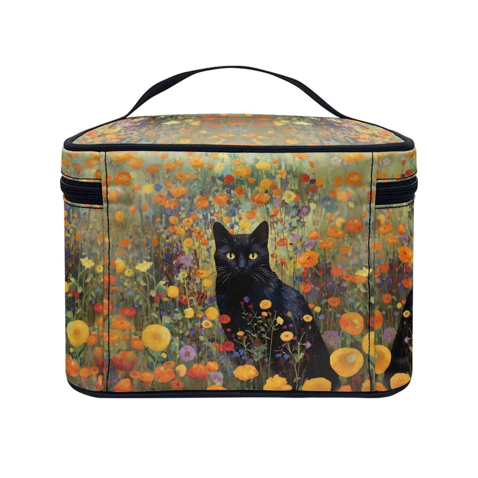 Drydeepin Black Cat Vibrant Floral Pattern Travel Makeup Bags for Women Portable Tote Cosmetic Case with Carry Handle Toiletry Accessories Storage Organizer Bags