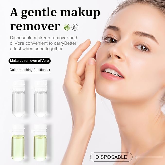 Lea ll U 2 in 1 Disposable Makeup Remover Set, Portable Mini Liquid Remover Oil serum 10 Pieces, Includes 20 Remover Cottons, Natural Deep Cleanser for Face, Portable Skincare Facial Oil