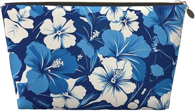 Dultua Mothers Day Gifts Makeup Bag Purse Cosmetic Bag Travel Toiletry Leather Make Up Bags for Mom Wife Women Daughter Blue Hibiscus