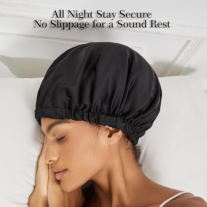 Satin Bonnet Silk Bonnet for Sleeping Women Double Layer Hair Bonnet Wrap Sleep Cap Gifts for Women Curly Hair Black