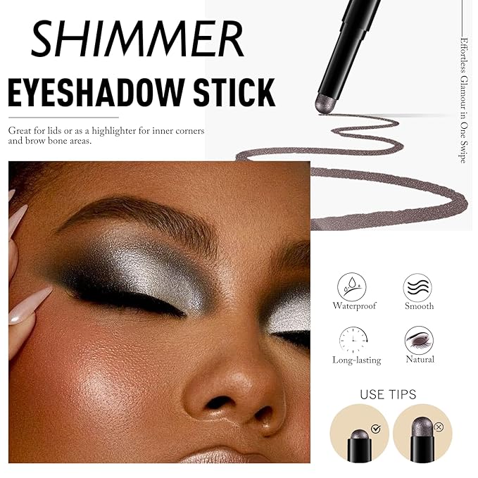 Wugbc Dark Taupe Shimmer Eyeshadow Stick, Waterproof Cream Eye Shadow Pencil Long-Lasting Crease-Proof Glitter Eyeshadow Crayon Smooth High Pigmented Highlighter Neutral Eye Shadow Liner Makeup