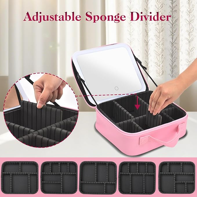 Yaliang Travel Makeup Bag with Mirror & 6 Adjustable EVA Dividers, Hot Pink