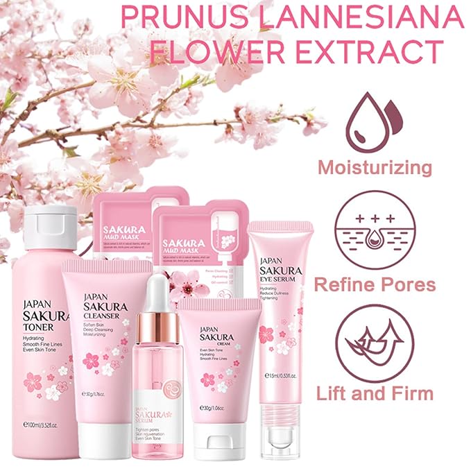 Sakura Skin Care Set, Skincare for Girls 10-12, Birthday Gifts for Teen Girls,Travel Size Set -7Pcs Cherry Blossom Hydrating Routine Kit for Women (One Size, Cherry Blossom-StyleA-Bae Moisturizing)