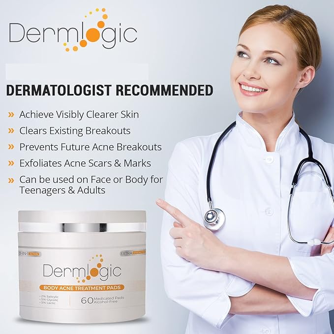 Dermlogic Acne Treatment Pads-Contains Glycolic, Lactic, Salicylic Acid. Eliminates Oily Skin, Clogged Pores & Cystic Breakouts. Removes Dark Spots, Whitehead & Blackhead Pimples for Face & Body.